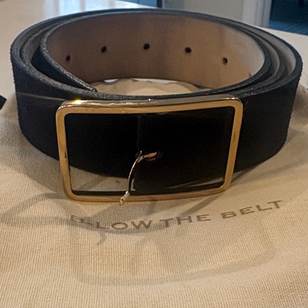 B-Low the Belt Navy Blue Suede Leather Belt with Gold Rectangular Buckle